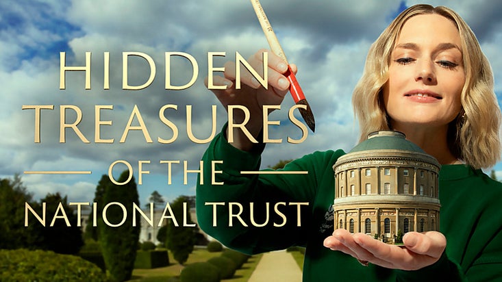 An image of a lady with blonde hair holding a tiny rotunda and dusting it with a paint brush. The text over the image says Hidden Treasures of the National Trust